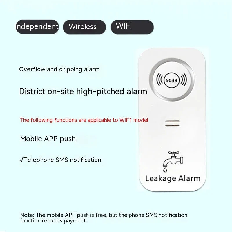 Overflow sensor independent alarm for water leak detection with wireless connectivity options