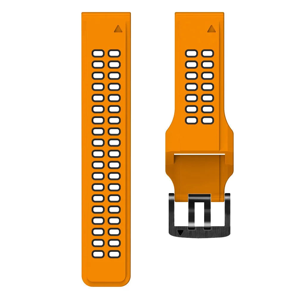 Quick release two-tone silicone sports watch strap showing pin buckle and ventilation holes.