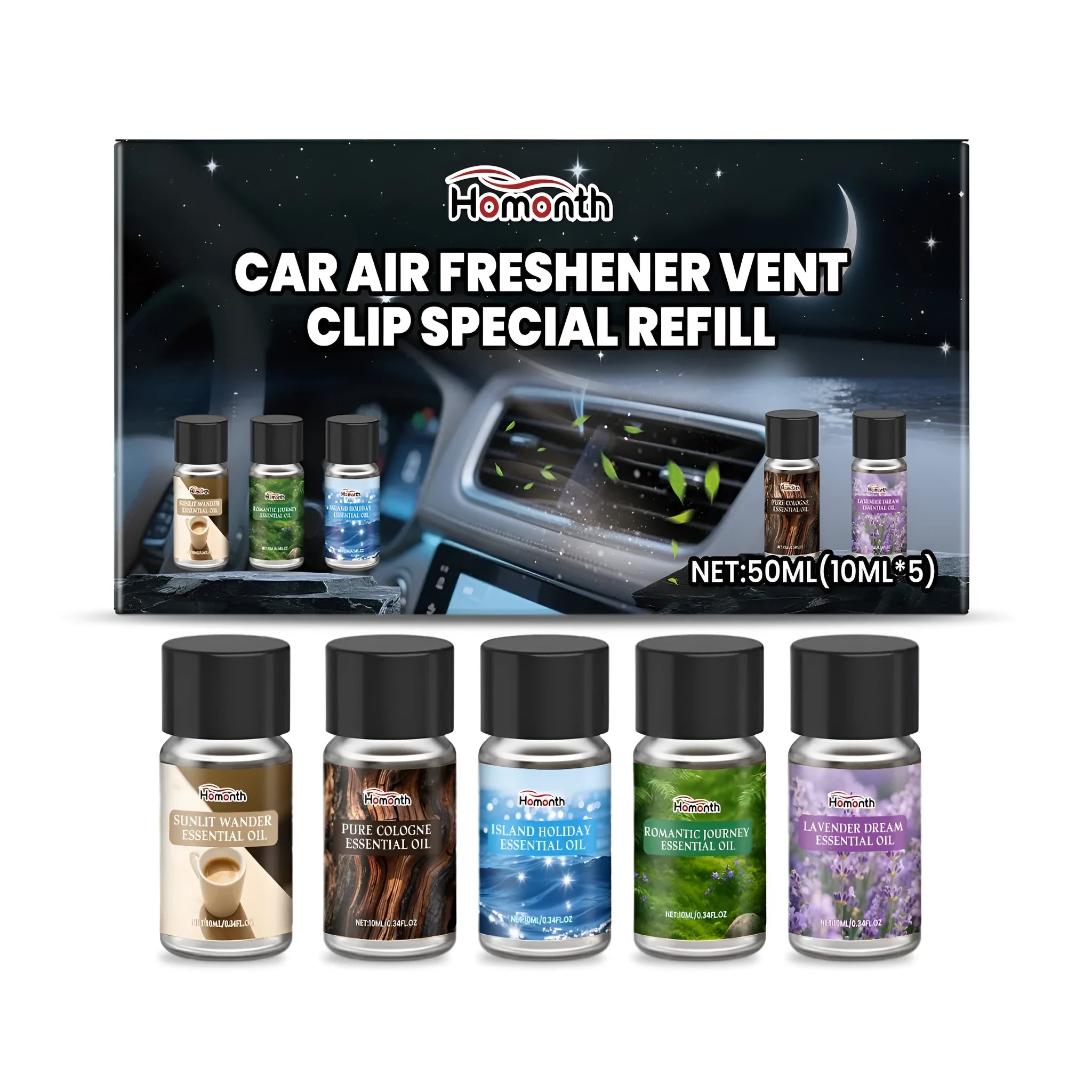 50 ml bottle of liquid car air freshener refill with five scent varieties for vent clips.