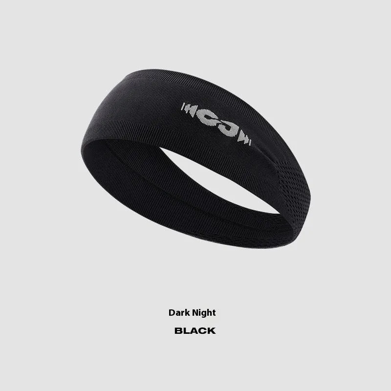 Seamless knitted exercise hair band in black colour shown on active person