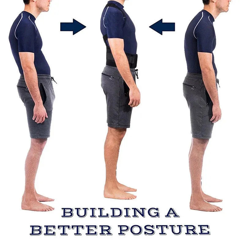 Kyphotone black back posture corrector with shoulder straps and waist belt on a plain background