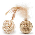 Two cat toys: hollow rattan ball and faux feather ball with bell for interactive pet play