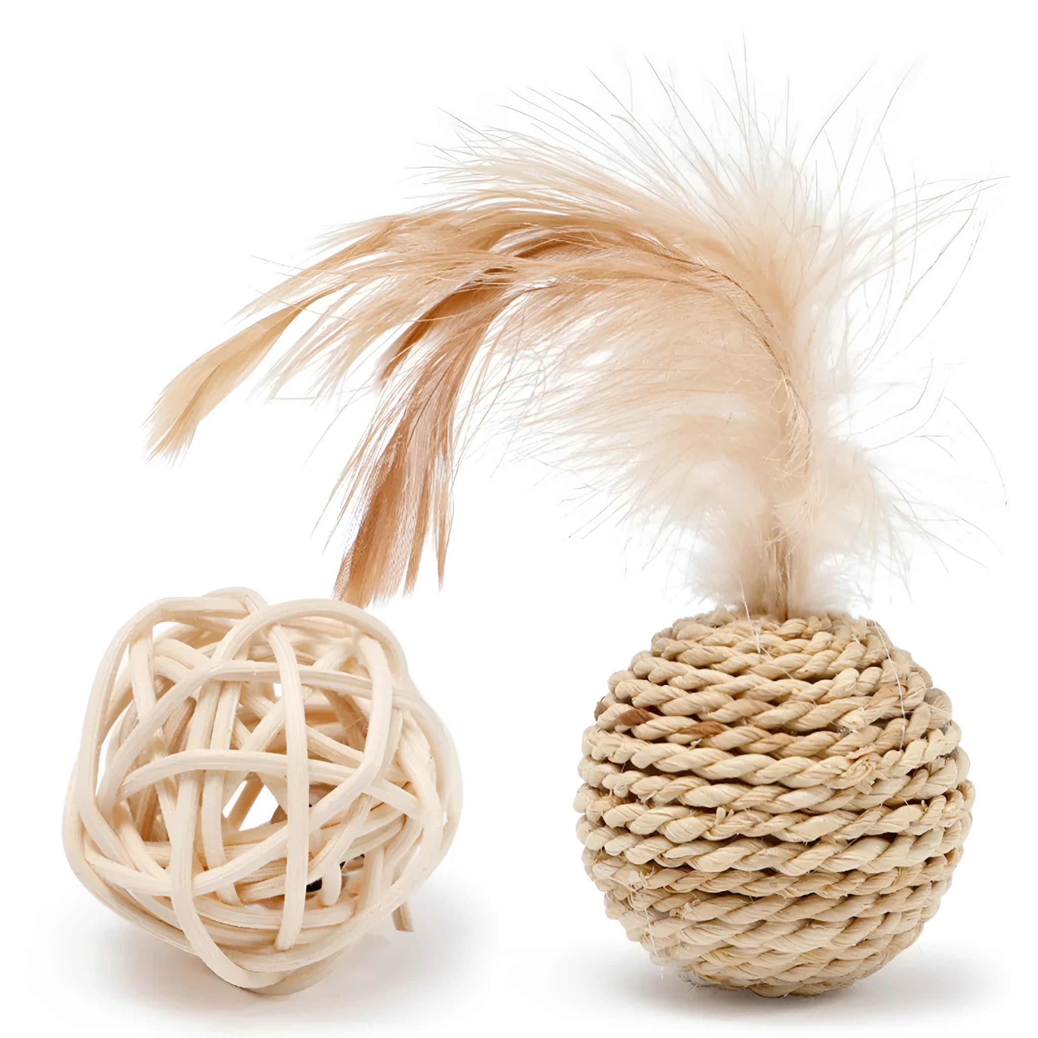 Two cat toys: hollow rattan ball and faux feather ball with bell for interactive pet play