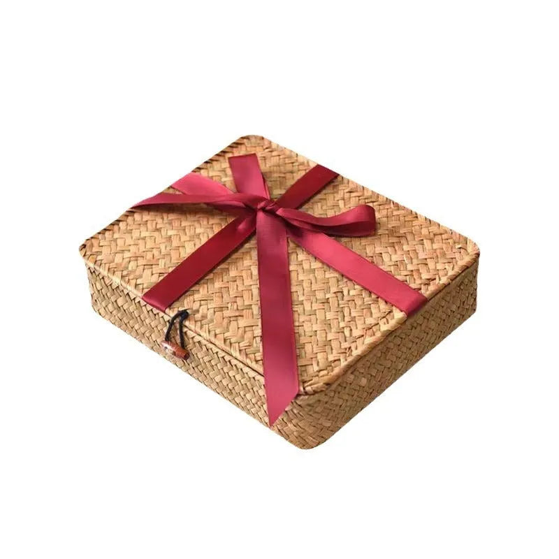 Handmade straw woven storage box in brown colour, 32x28x7 cm, for bedroom desktop organisation