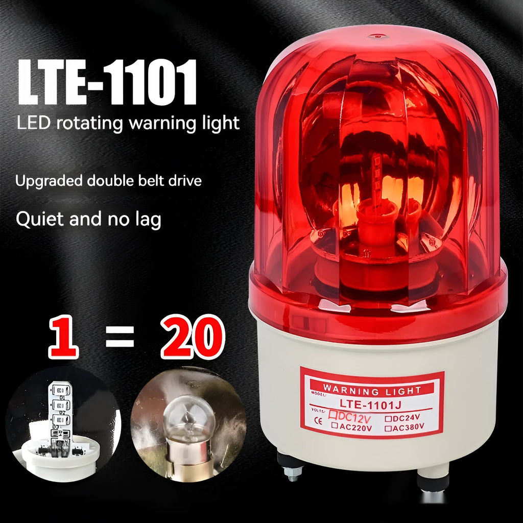 LTE-1101J industrial rotating warning light in red, yellow, or green with optional audible alarm