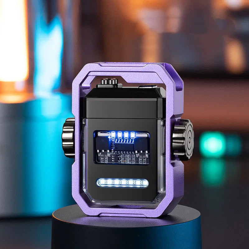 Blue windproof plasma electric lighter with a spinning metal gyroscope and USB Type-C charging port