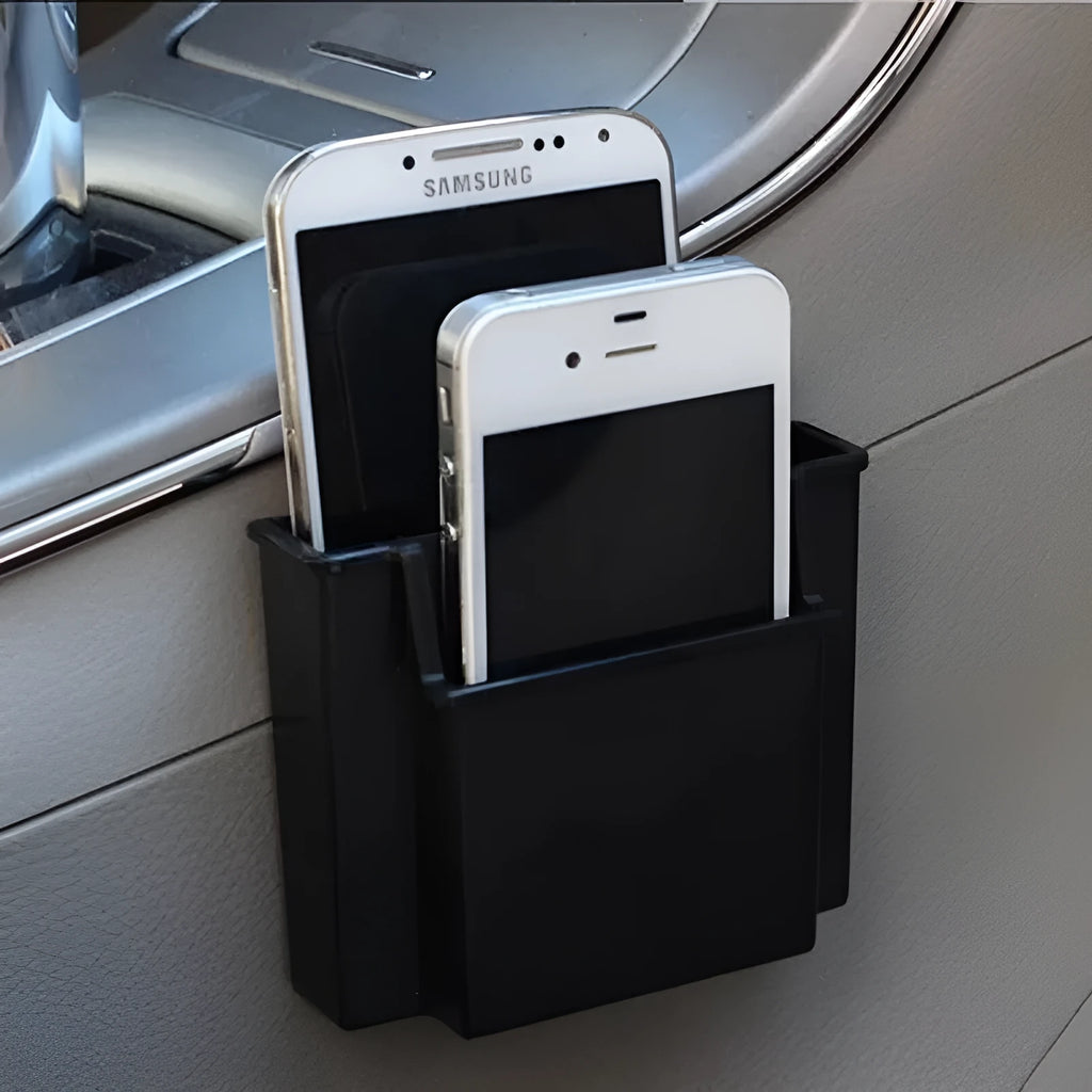 Black ABS car vent mobile phone storage box with card holder slot on interior background