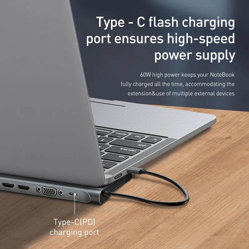 Grey aluminium alloy USB-C hub with cooling bracket showing ten ports including HDMI, VGA, Ethernet and USB