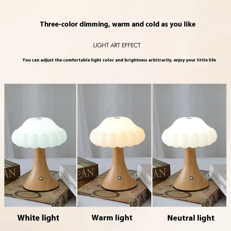Creative mushroom-shaped night lamp in wood grain colour on a table