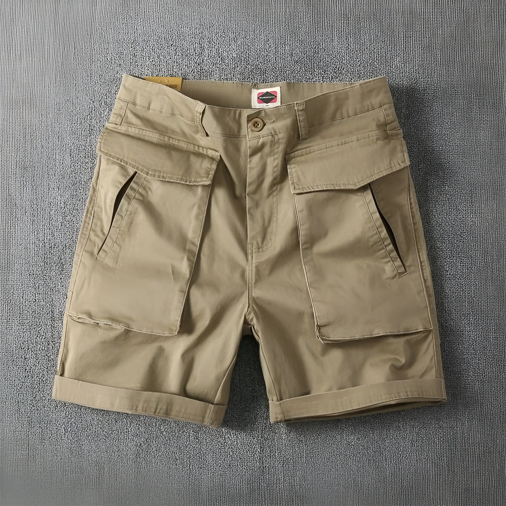 Men's straight-cut cotton cargo shorts in Army Green with multiple pockets and stretch fabric.