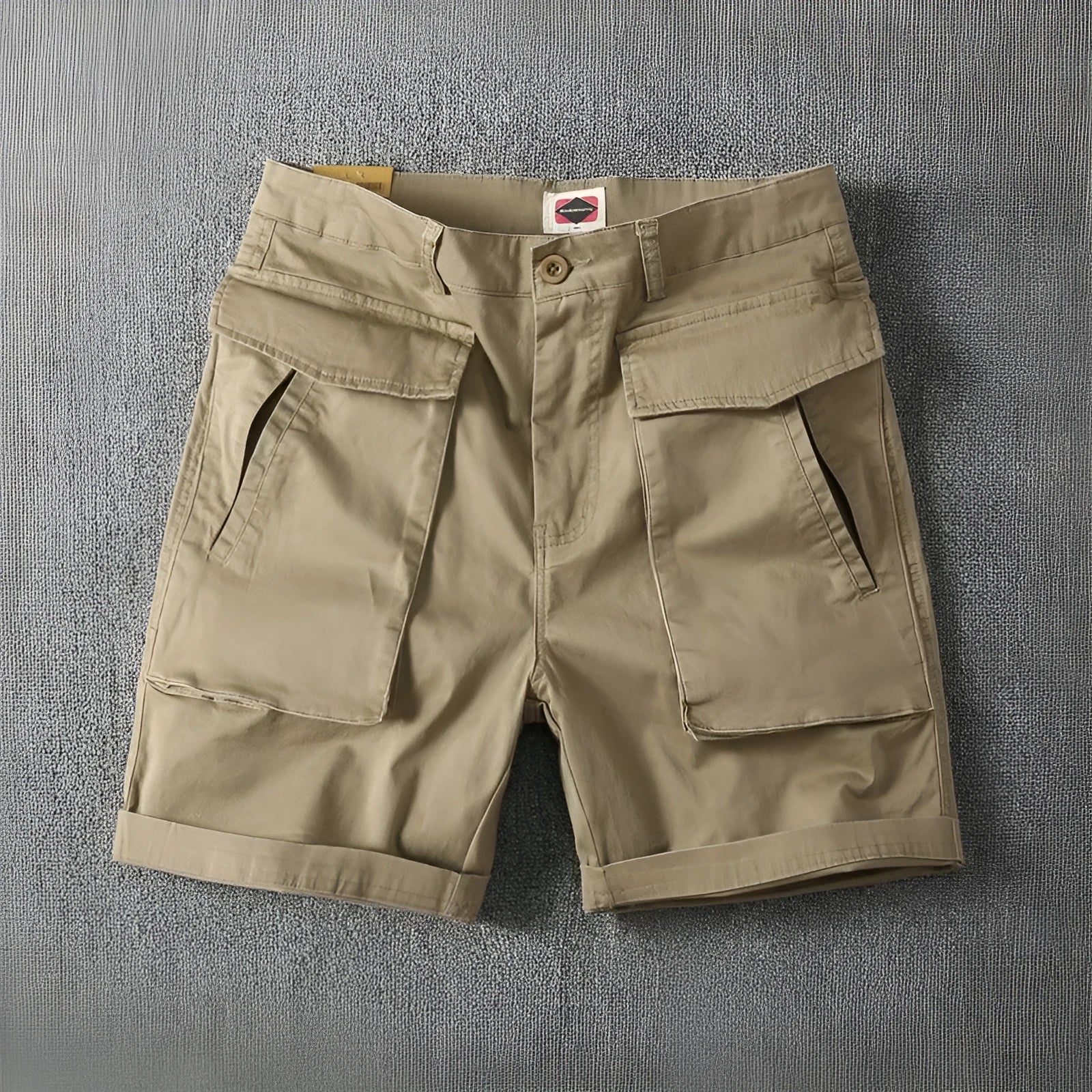 Men's straight-cut cotton cargo shorts in Army Green with multiple pockets and stretch fabric.
