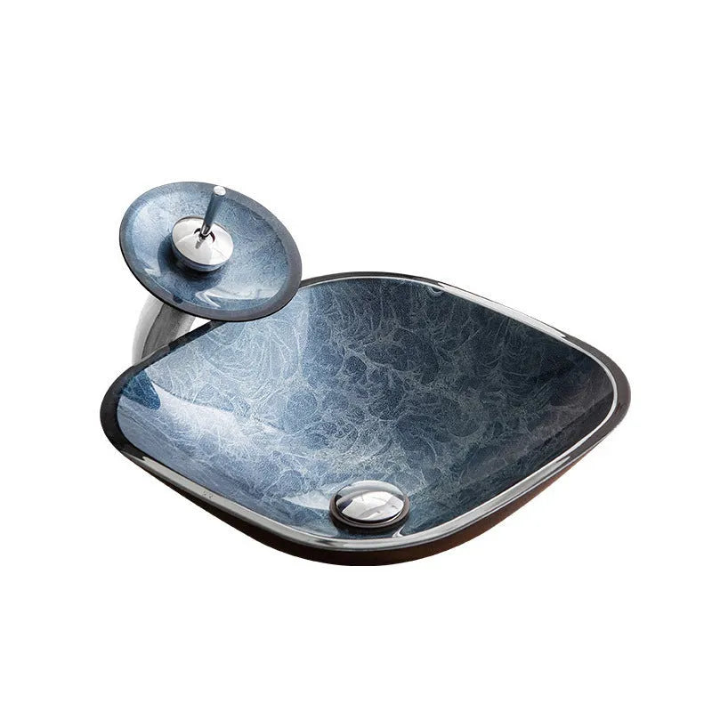 Tempered glass table basin with blue-grey foil colour for bathroom installation
