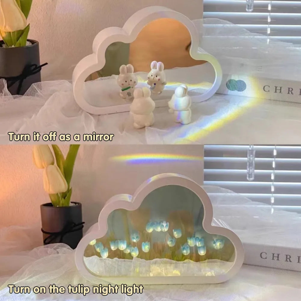 Assembled pink tulip-shaped night lamp with LED light, mirror front, and small photo frame on a desk.