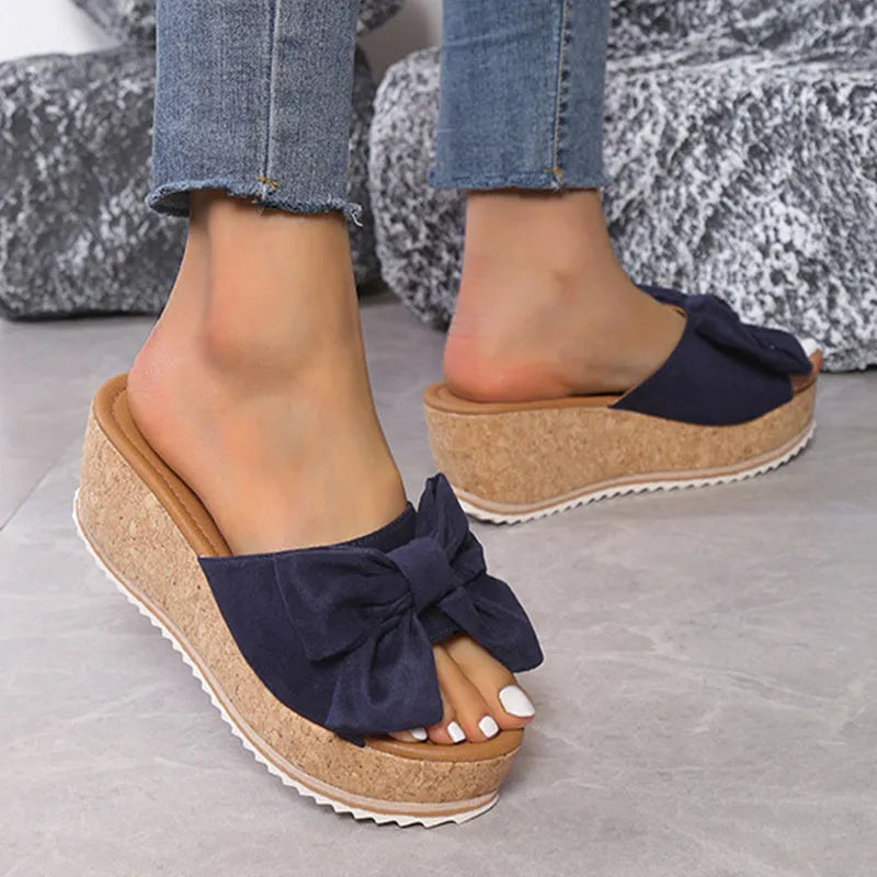Fashion bow leopard print wedge slippers for women with thick sole and fish mouth toe in black leopard colour