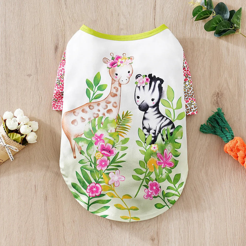 Printed polyester dog t-shirt showing full design, available in sizes S to XXL for dogs 1.50kg-8.00kg