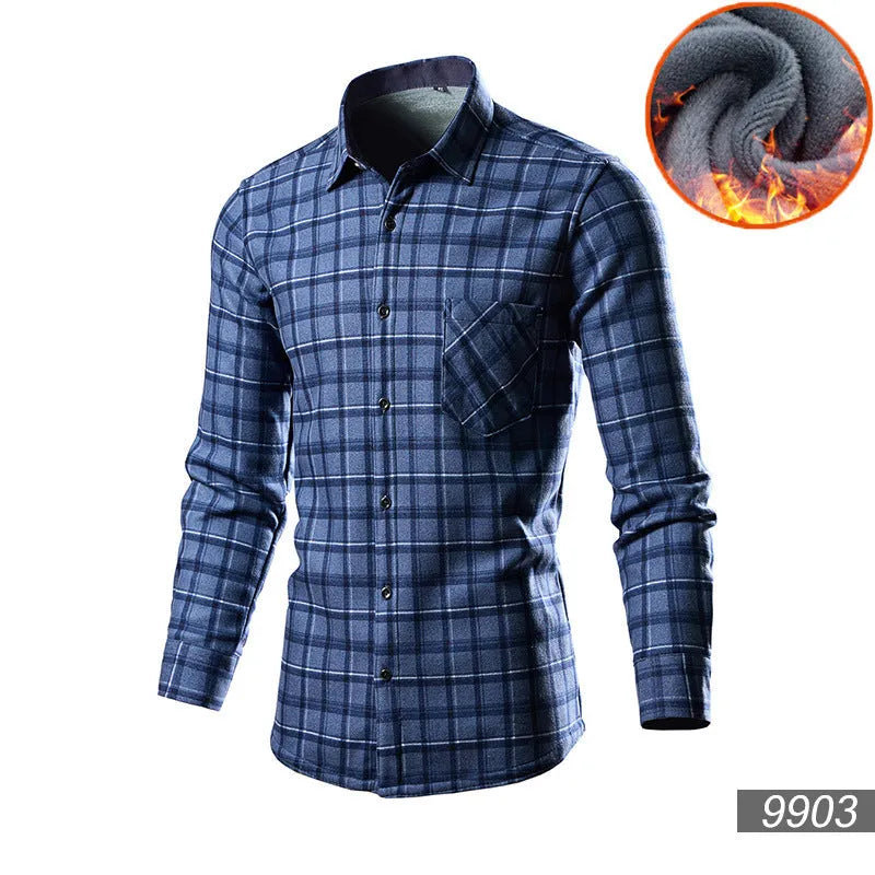 Man wearing a solid-colour fleece-lined cotton blend cardigan shirt in a loose, casual fit.