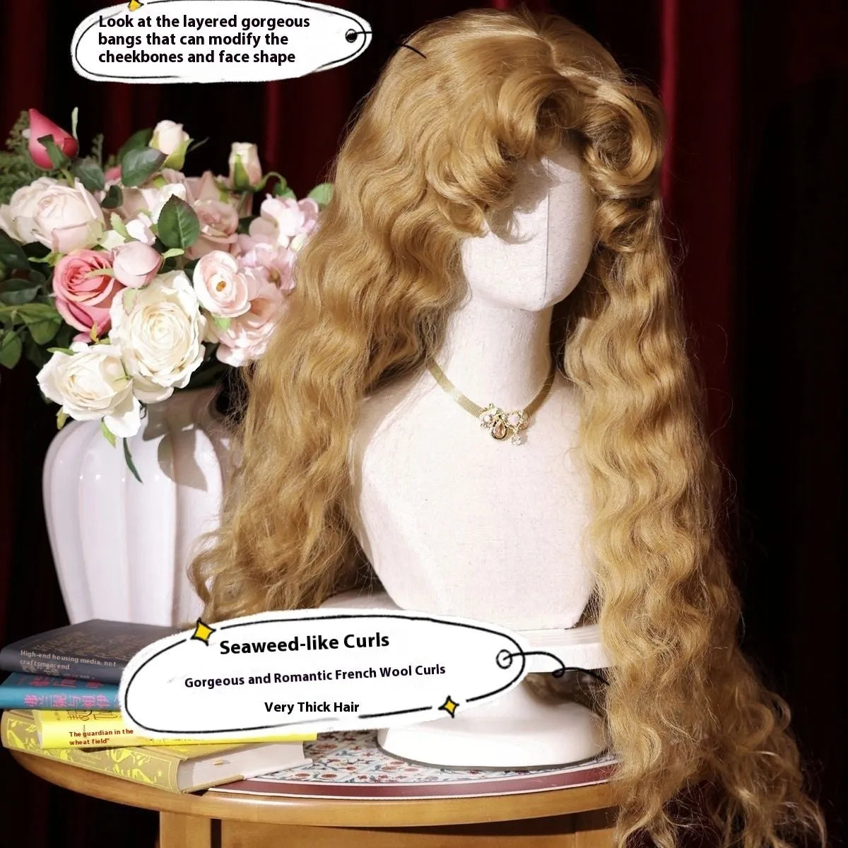 French Fluffy Small Curls Lolita Long Wig in French Golden Brown with hairnet, high temperature fibre, retro style