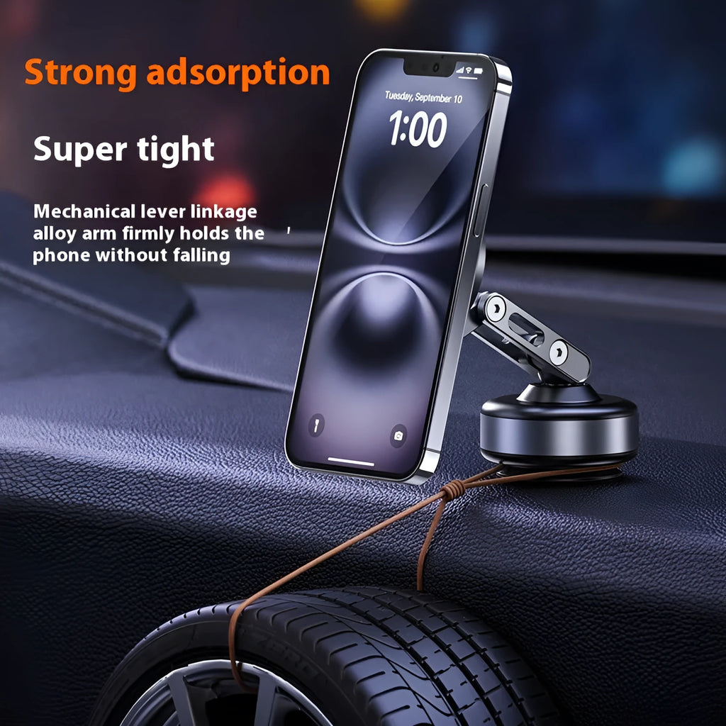 Car magnetic vacuum phone holder with 360° adjustable arm on dashboard, X93 dark gray