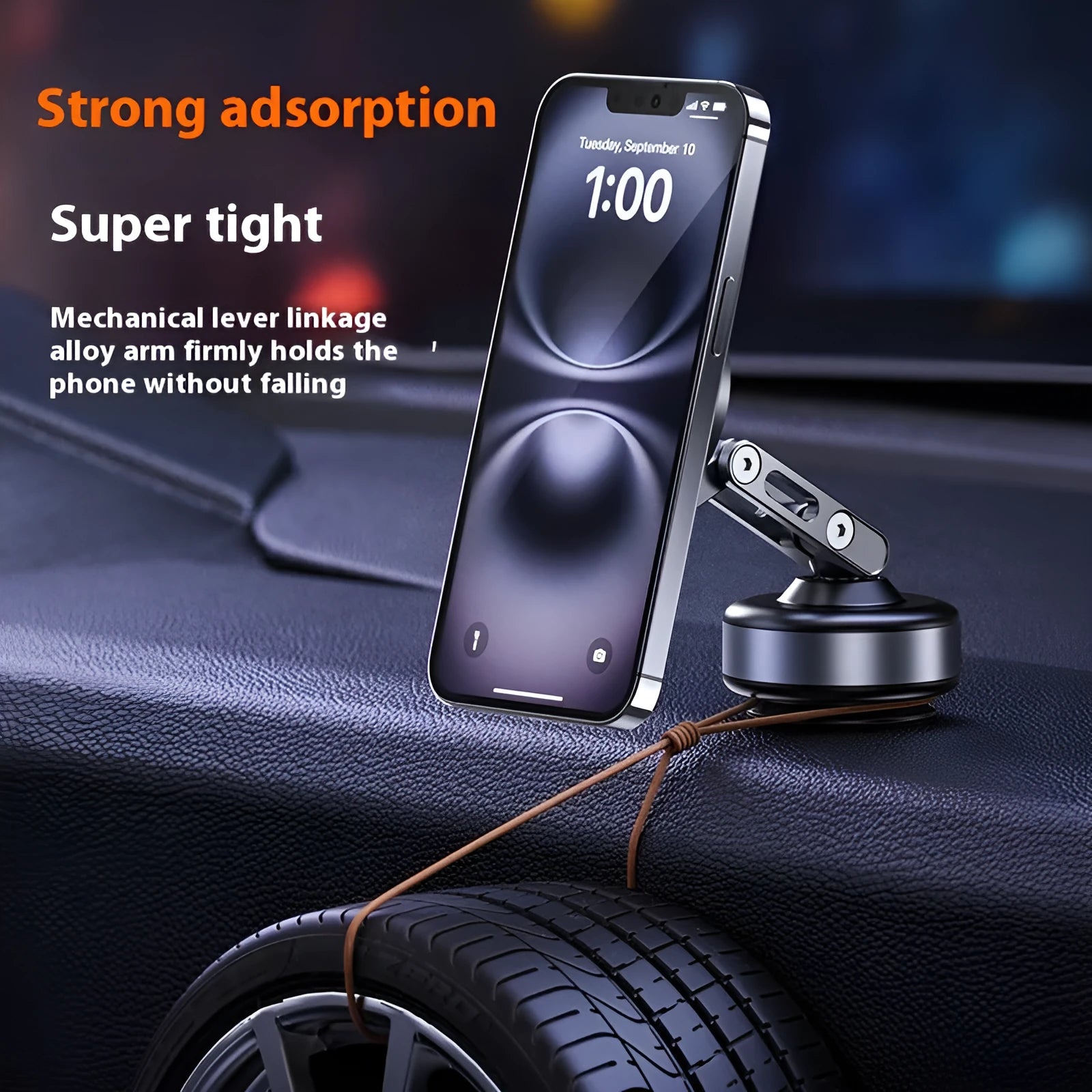 Car magnetic vacuum phone holder with 360° adjustable arm on dashboard, X93 dark gray