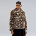 Women's leopard print coat with a buckle lapel on the collar.