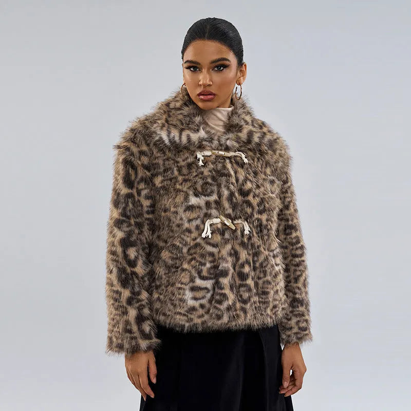 Women's leopard print coat with a buckle lapel on the collar.