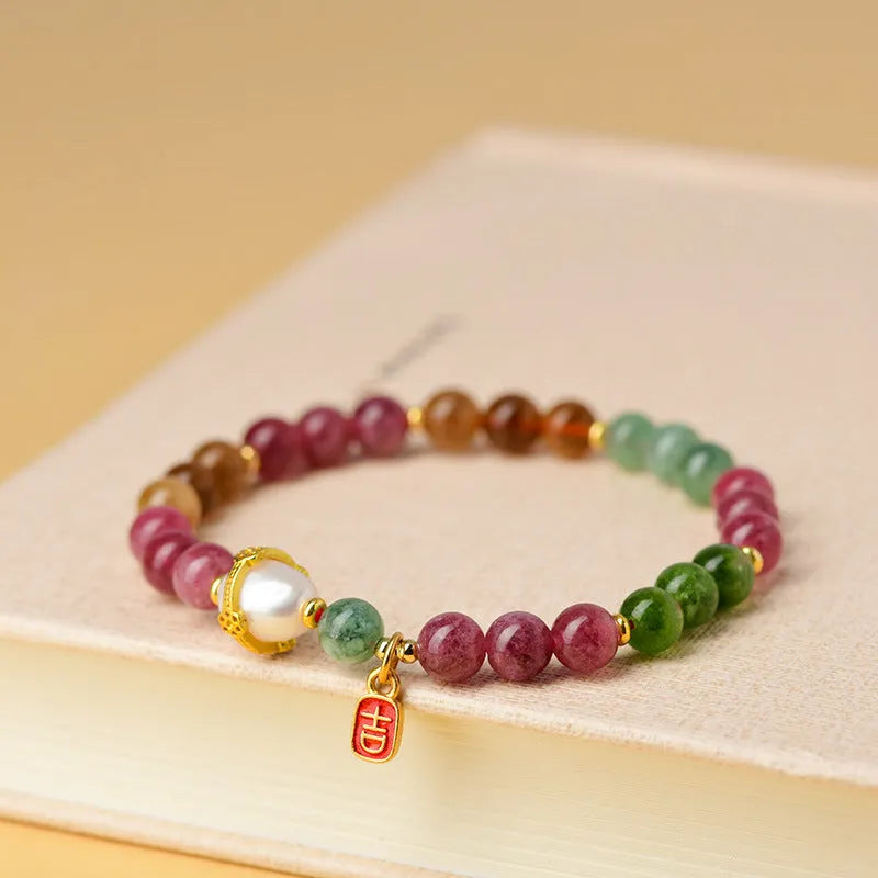 Geometric natural chalcedony bracelet for men and women with 6.5mm beads in optimised tourmaline colour.