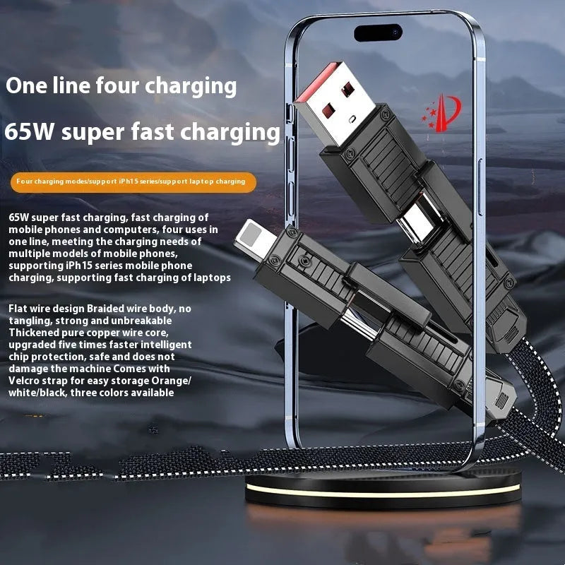 Azeada 65W woven data cable with Lightning and Type-C connectors in 1.5m length, black colour