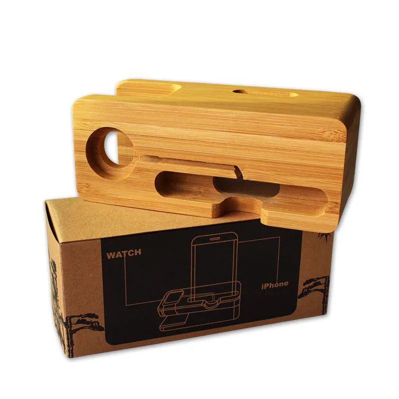 Bamboo watch and smartphone stand with carved details measuring 149mm