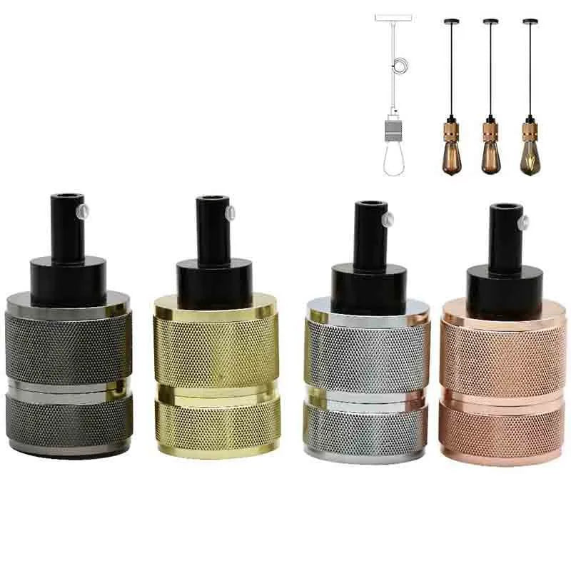 DIY retro chandelier assembly components showing braided cord and electroplated lamp holder in chrome finish
