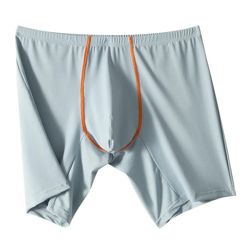 Men's ice silk boxers in multiple colours showing mid-waist fit and U-convex pouch design.