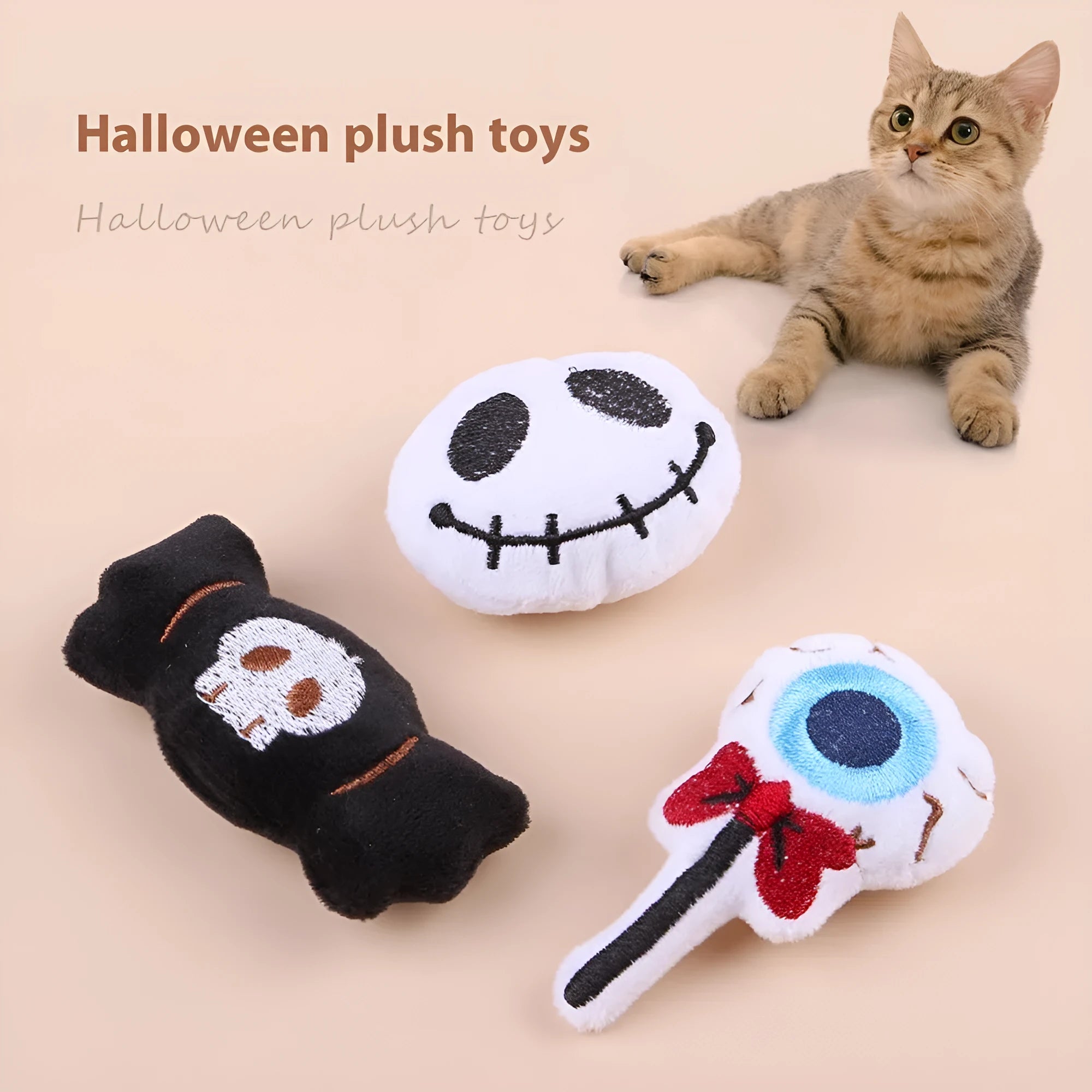 Small plush cat teaser wand toy with dangling elements in candy colour design