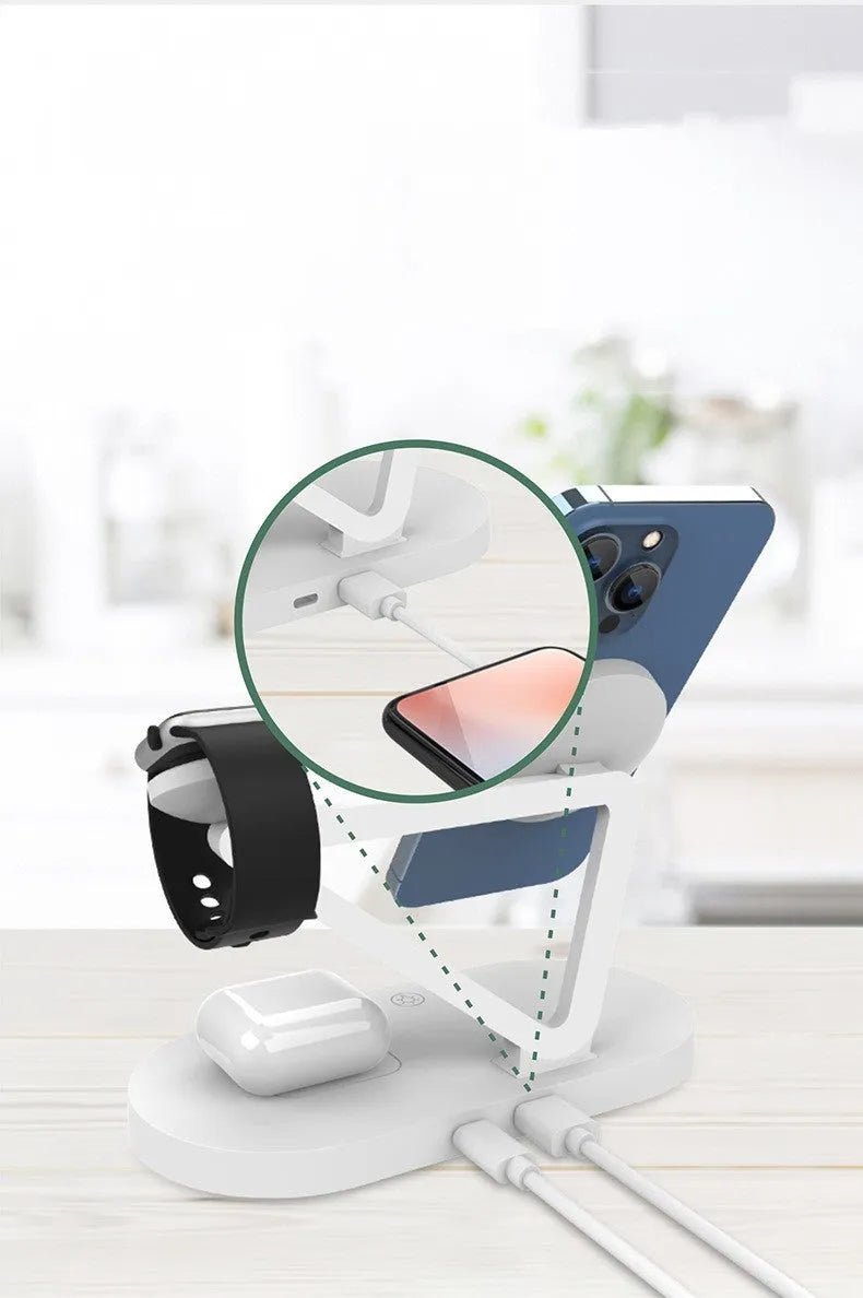 Black and white 3-in-1 wireless charging station for Apple Watch, AirPods and mobile phone.