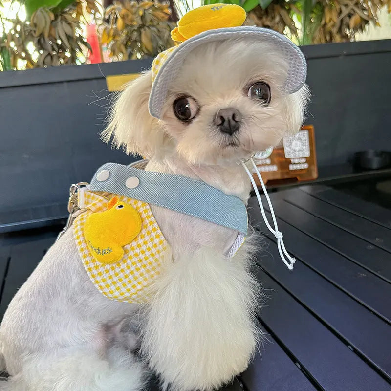 Three-piece pet harness and leash set with rope toy and hat in adjustable sizes for dogs and cats