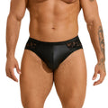 Black men's faux leather briefs with decorative lace trim and visible stitching details