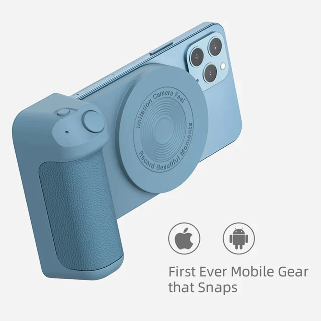 Black magnetic camera bracket with rotatable phone holder and PU leather grip