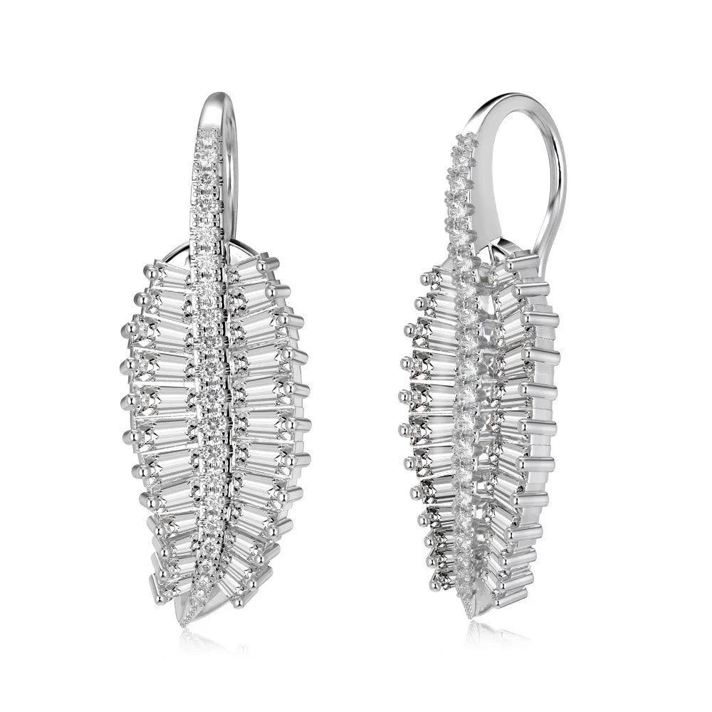 S925 sterling silver stud earrings with leaf and zircon detail, 11.6mm x 35.2mm, gold or platinum