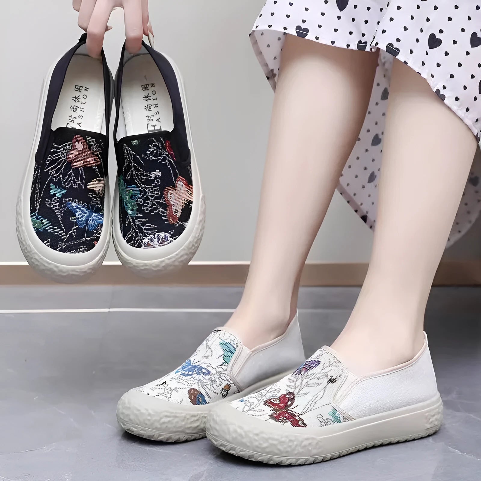 Women's black and white slip-on canvas shoes with round toes and plastic soles