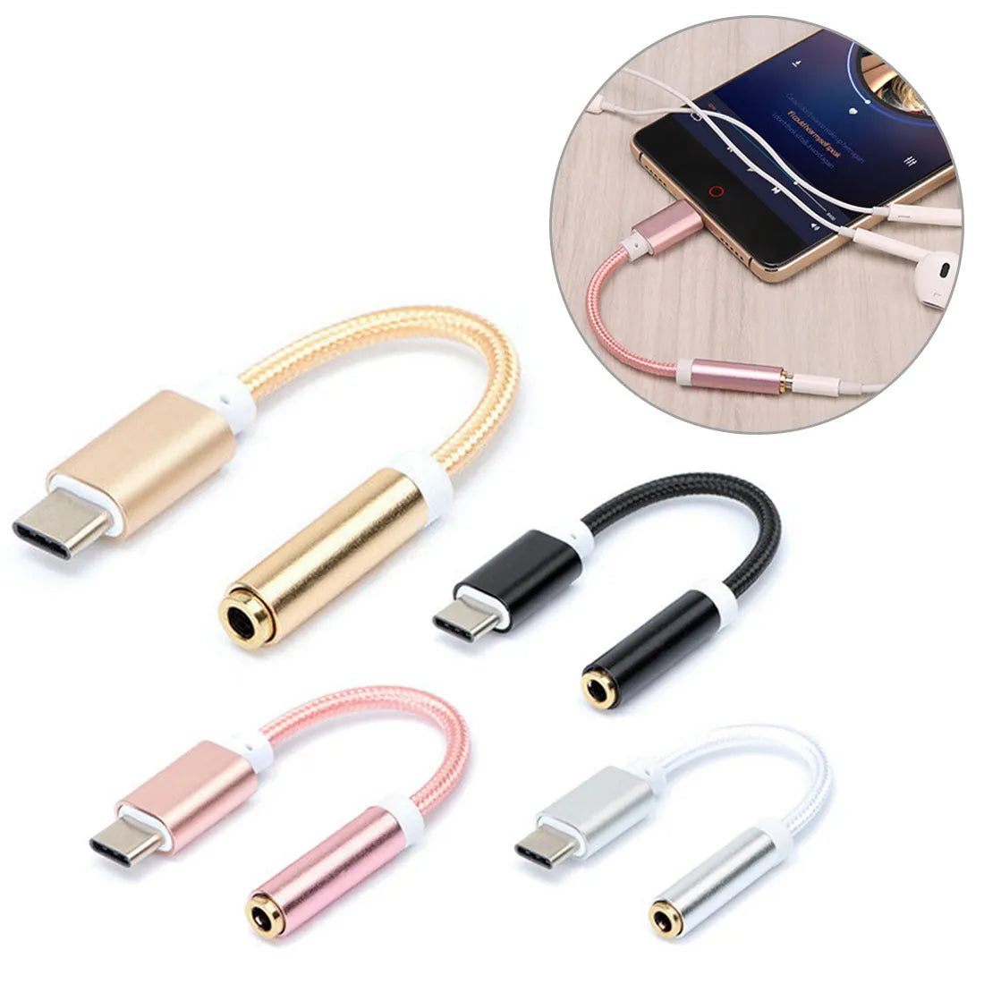 Weaving Type-C to 3.5mm headphone adapter cable in metallic colours with nylon braid.