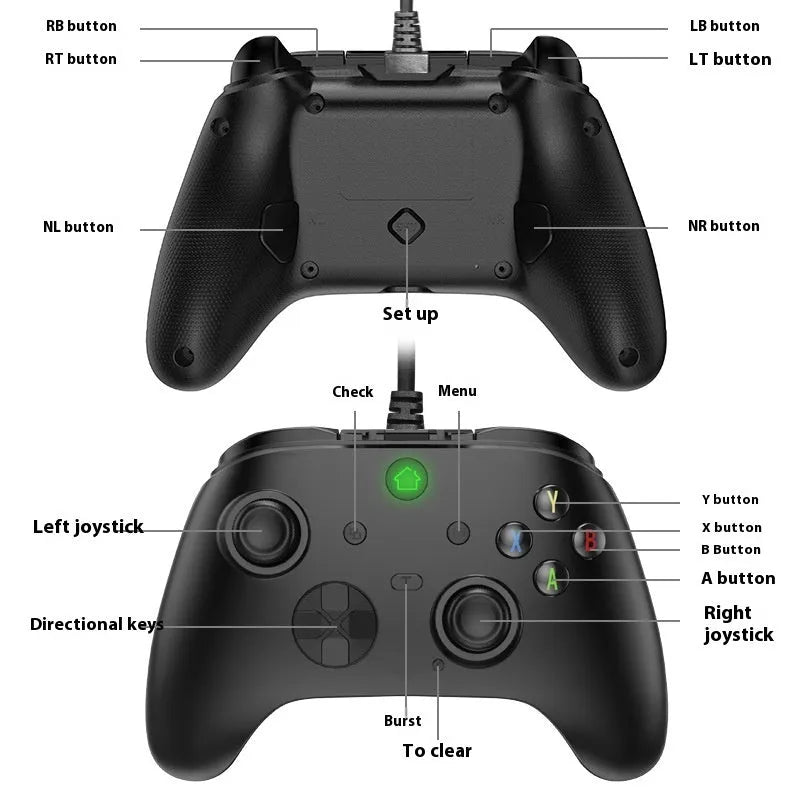 Wired game console controller handle in black with ABS construction and USB cable for PC and PS
