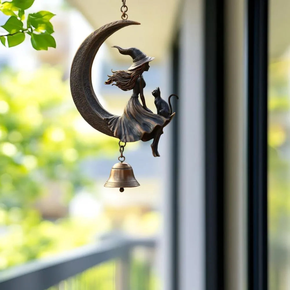 Witch moon and black cat bell pendant hanging ornament with suspension loop for courtyard decoration