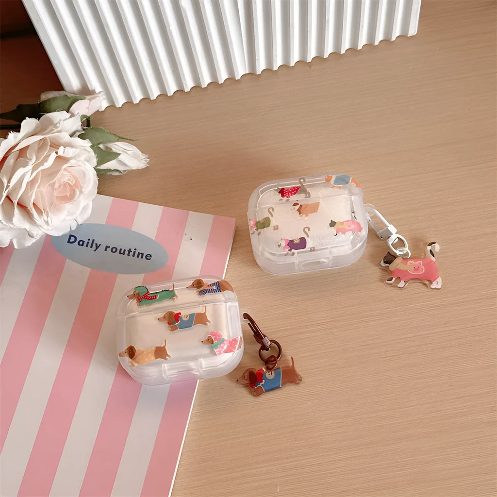 Gradient sausage dog TPU soft shell earphone protective case for AirPods with embossed cartoon design and pendant loop
