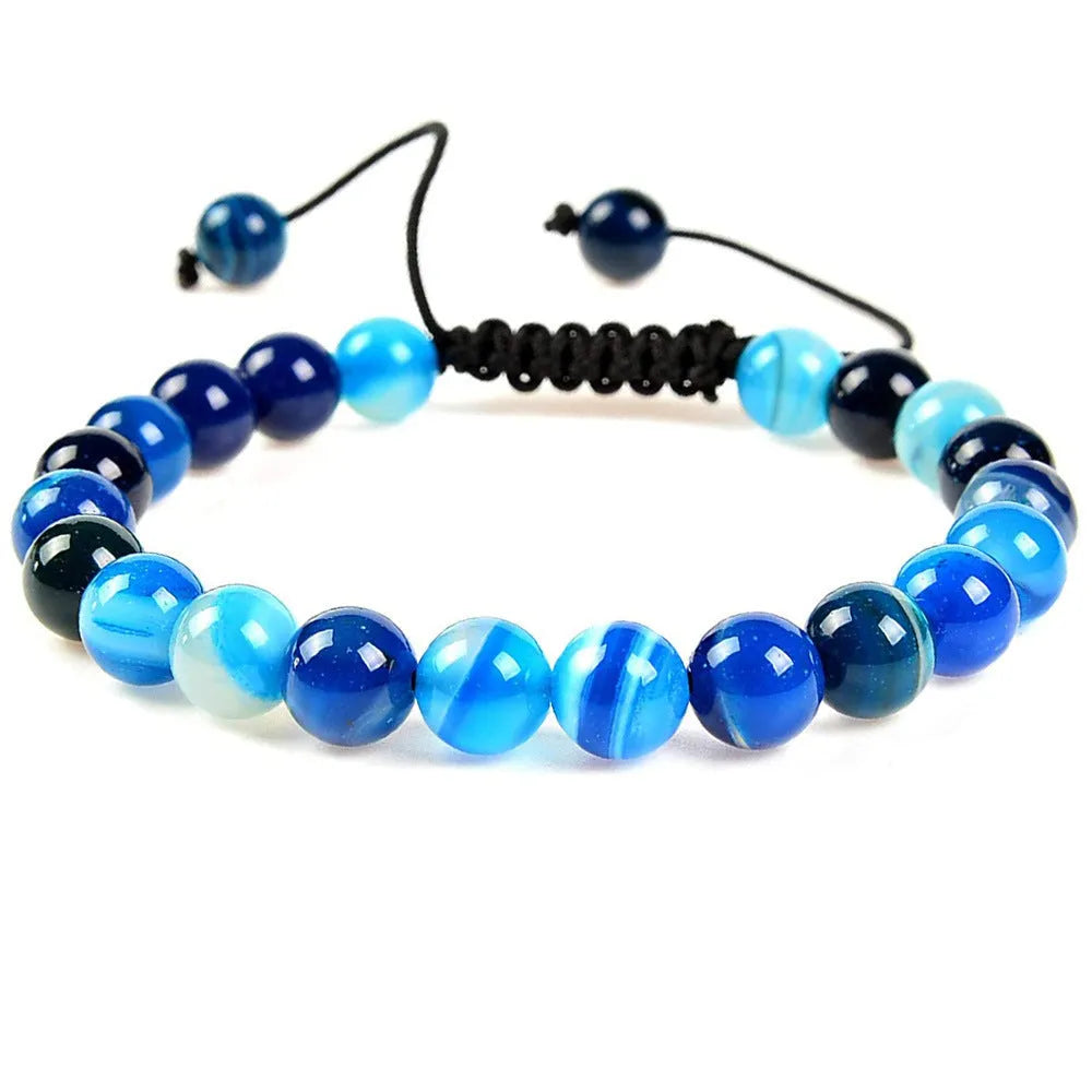 Flat knot braided women's bracelet made from hand-woven aquamarine and coloured stone beads