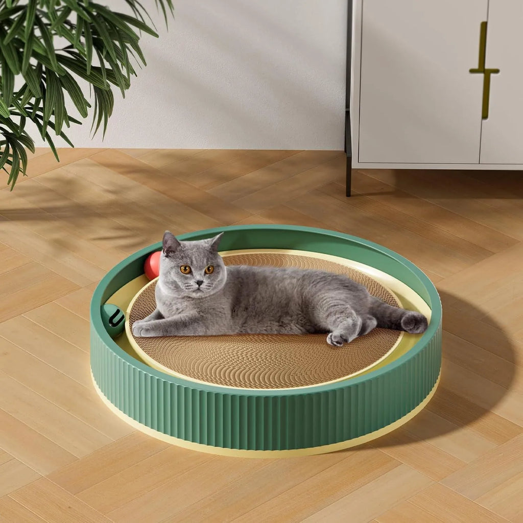 Green and white large round cat scratching board with integrated moving ball toys and a spring plush ball.
