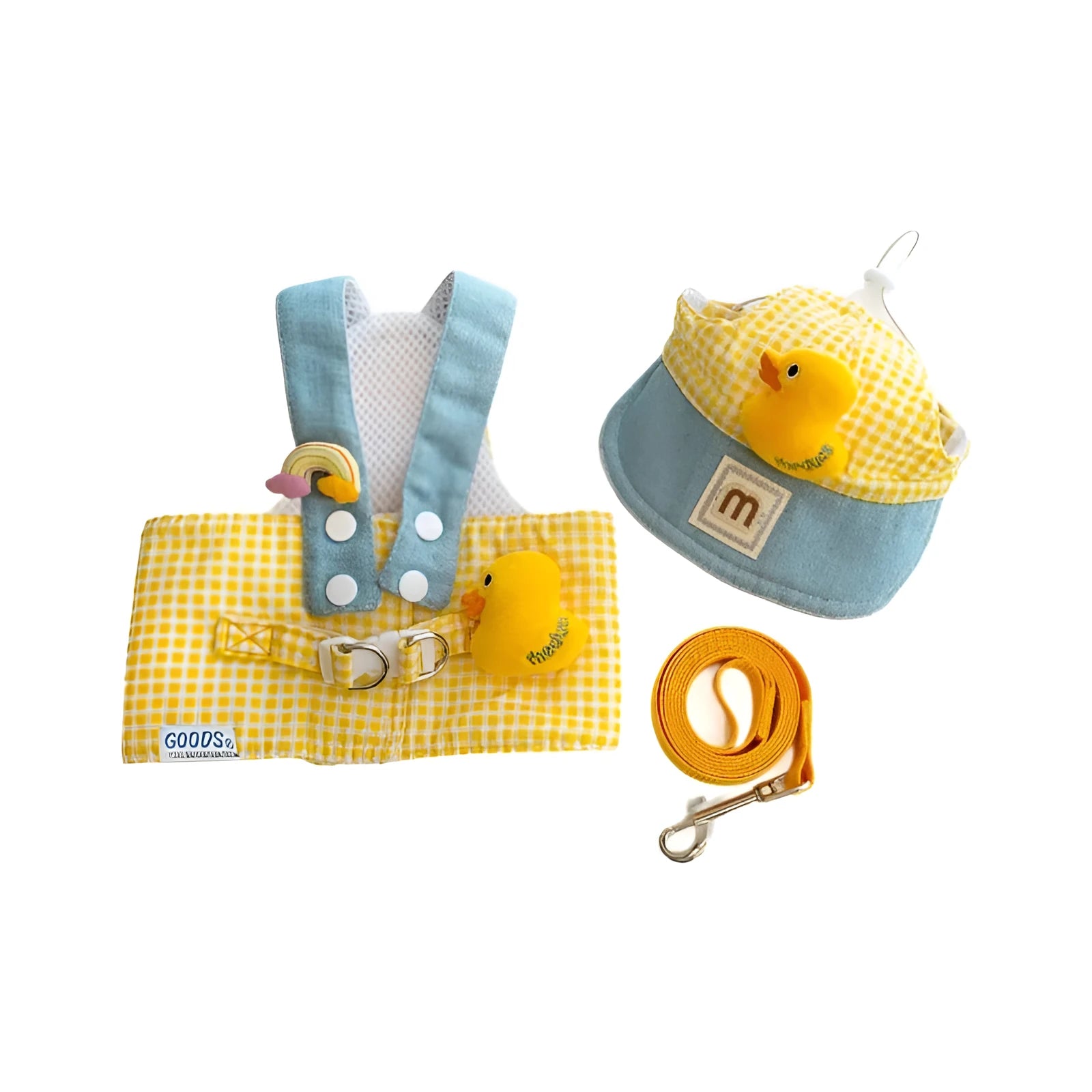 Three-piece pet harness and leash set with rope toy and hat in adjustable sizes for dogs and cats