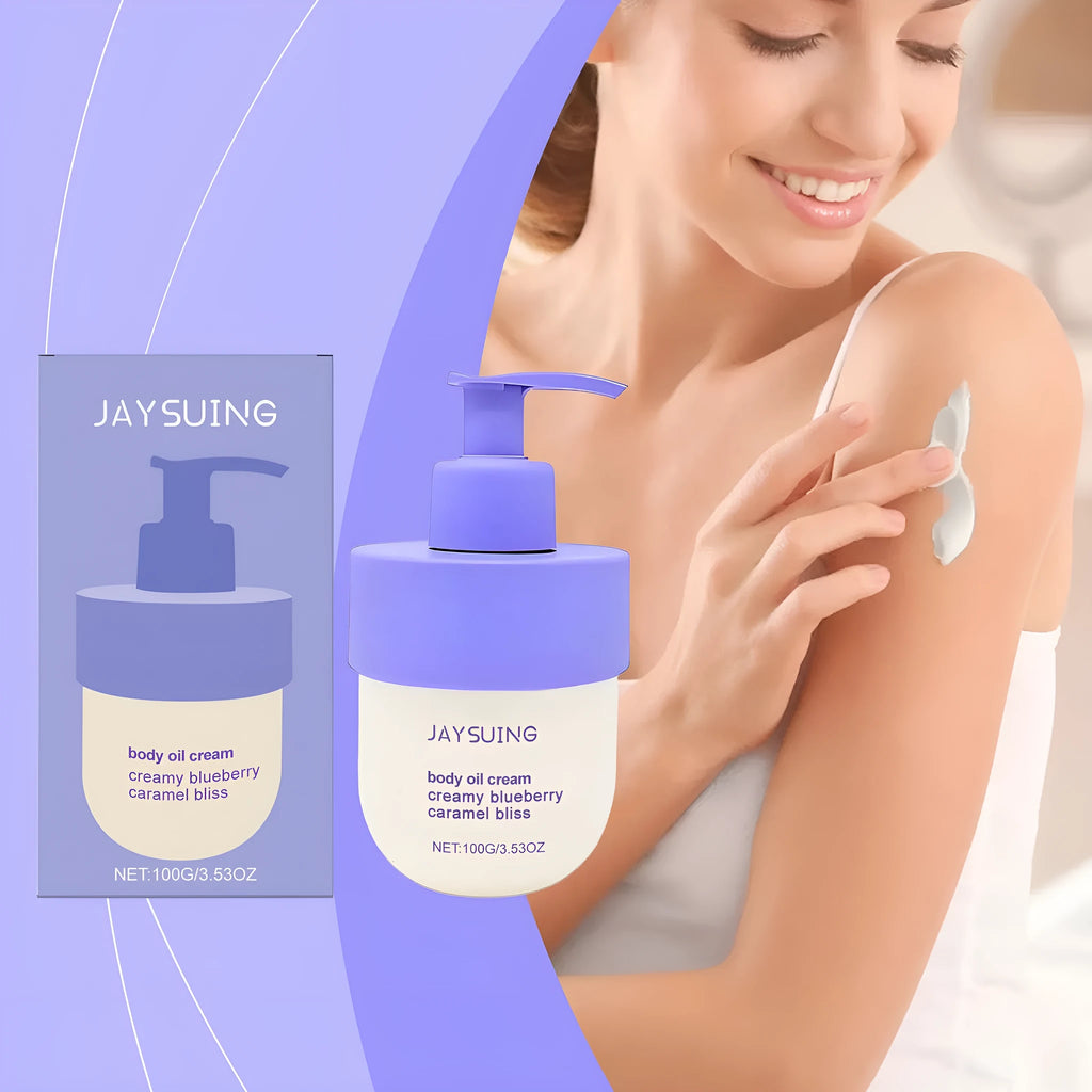 114g blueberry caramel body cream container with lavender oil for universal skin types