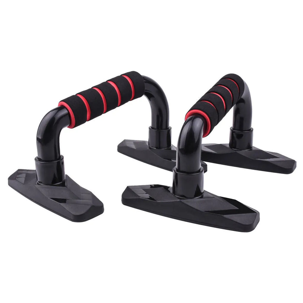 I-shaped push up bars in black, blue, gray, and red colours for strength training exercises
