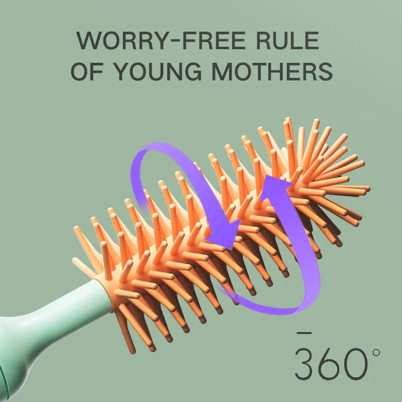 Pink and green electric rotating silicone bottle brush set for cleaning baby bottles and cups.