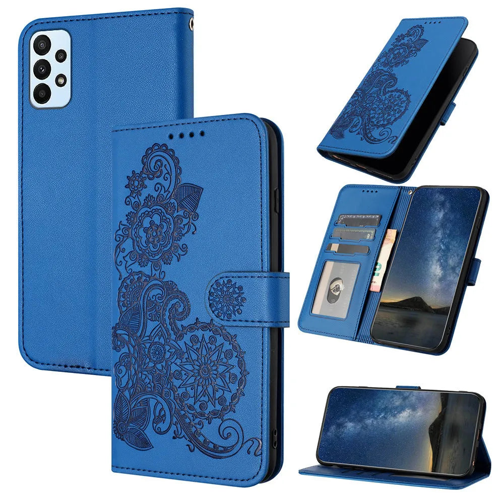 Datura embossed leather phone case with flip card slot for Samsung in brown colour