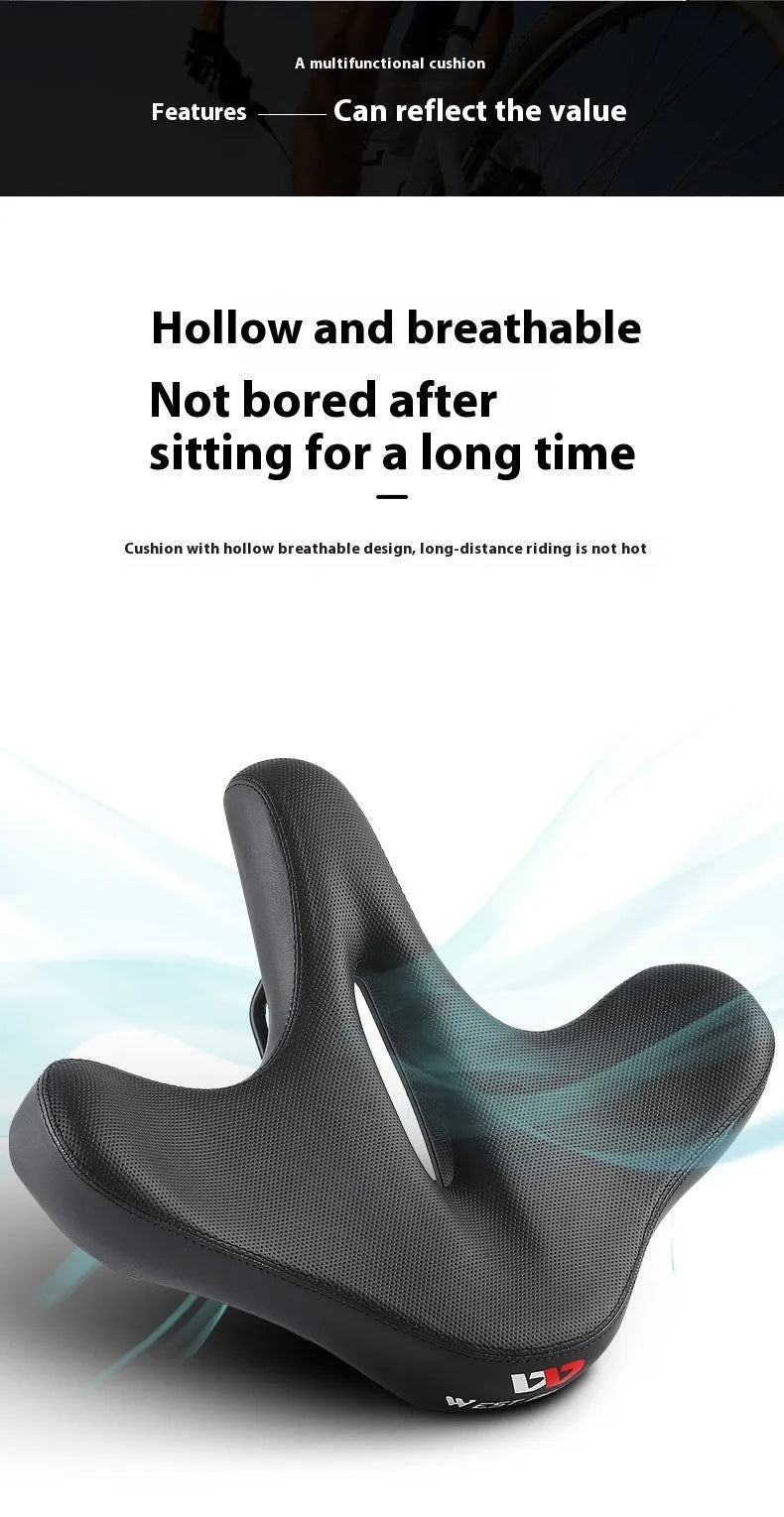 Black large thick bicycle saddle cushion made of polyurethane foam for shock absorption.