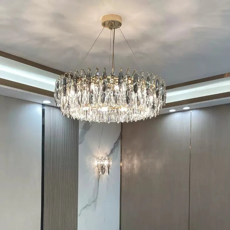 Crystal chandelier with iron body, LED light source, 220V, multi-head ceiling light in circular or elliptical size options.